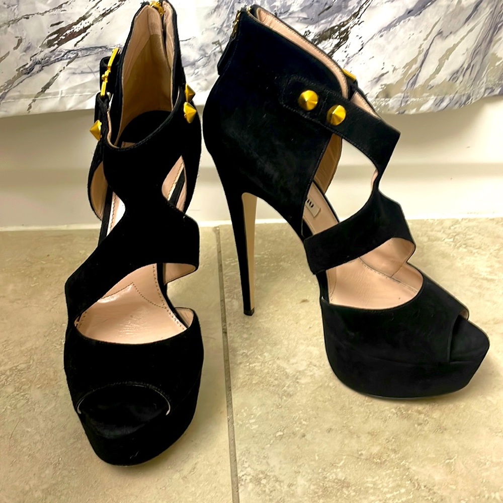 100% Authentic Black Suede Miu Miu Peep Toe 6” Platform Heels